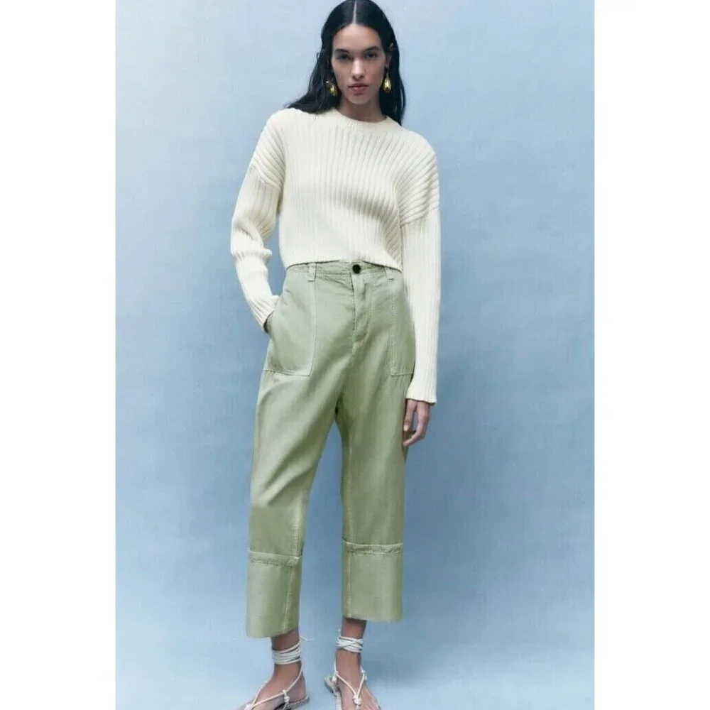 Zara cargo linen blend turn up hem trousers size M